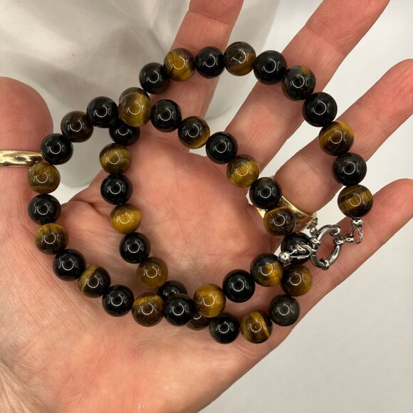 Men's Tiger Eye and Obsidian Genuine Gemstones 18.5 inch Choker Handmade NEW - Picture 11 of 13